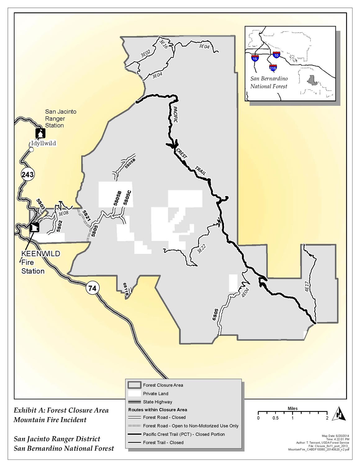 Mountain Fire Closure map as of June 24, 2014.