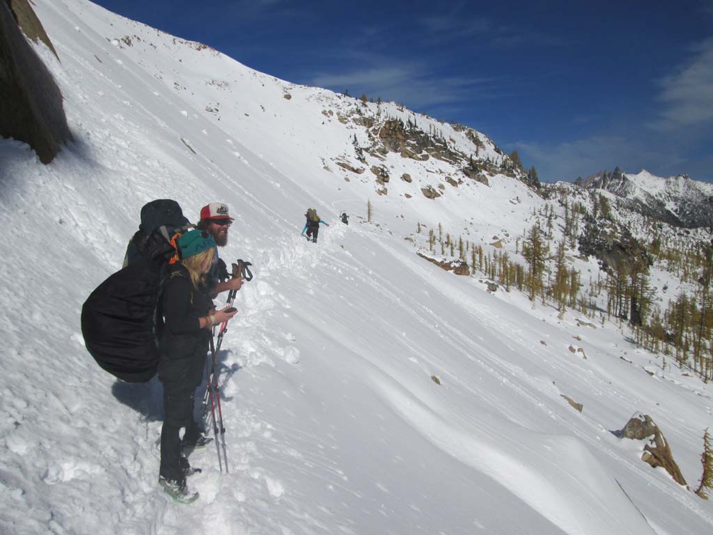 PCT hikers crossing a slope that's steep enough to avalanche. Fall 2013. Photo by Carolyn Burkhart
