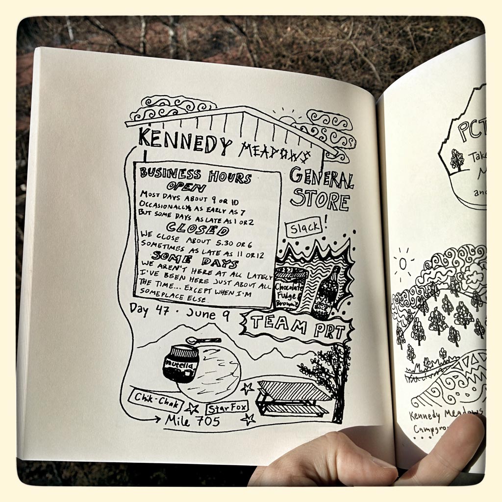 Katie captured the spirit of the PCT through drawing her experience on the trail. Some pages document specific locations on the trail, like this one for Kennedy Meadows.