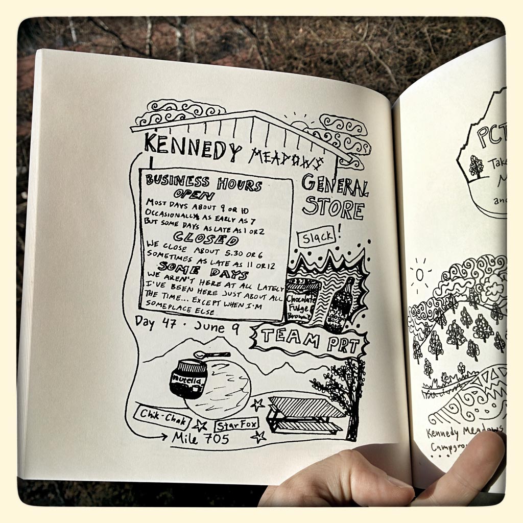 Katie captured the spirit of the PCT through drawing her experience on the trail. Some pages document specific locations on the trail, like this one for Kennedy Meadows.