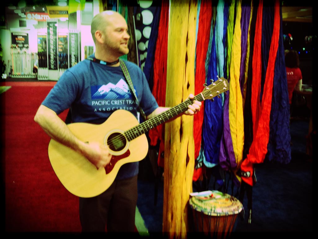 Joel entertaining the crowd for the joint PCTA and ATC fundraiser at the ENO Hammocks booth!