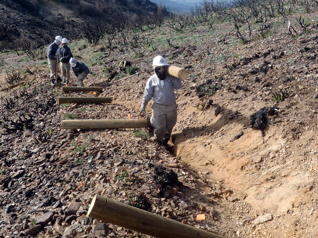 Preparing to fix some significantly trenched tread north of Fobes Saddle. The Mountain Fire caused significant damage, obliterating some sections of the PCT.