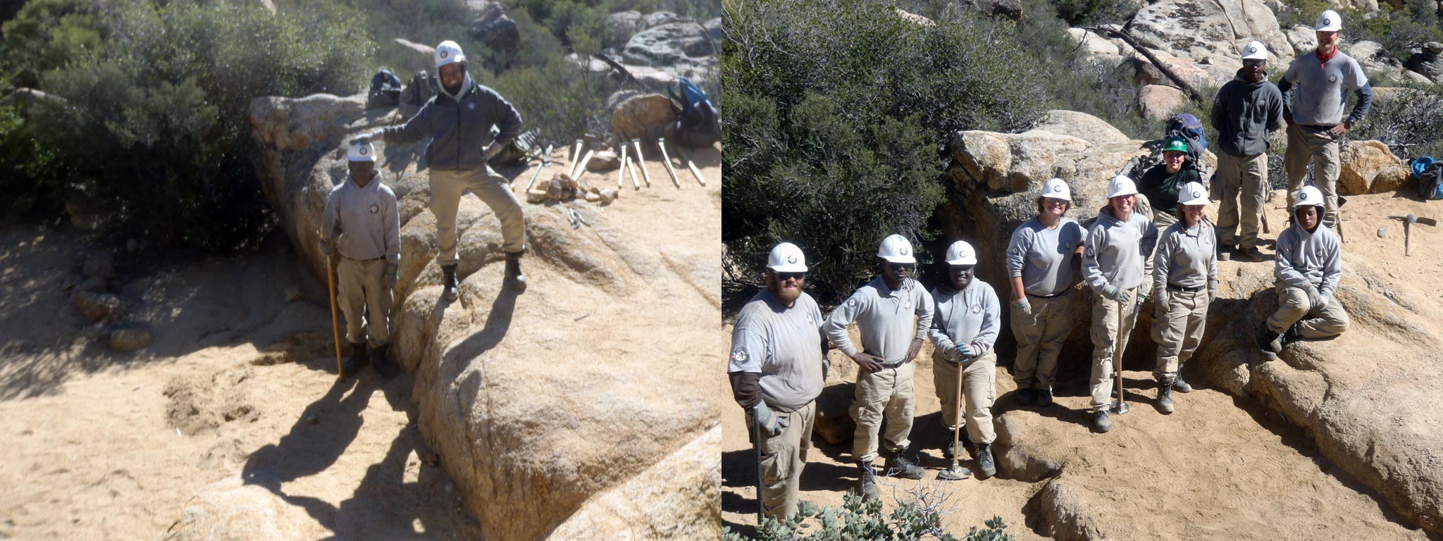 Two and a half miles north of CA 74 the cew installed a cribbed rock landing to make a big step down more gentle.