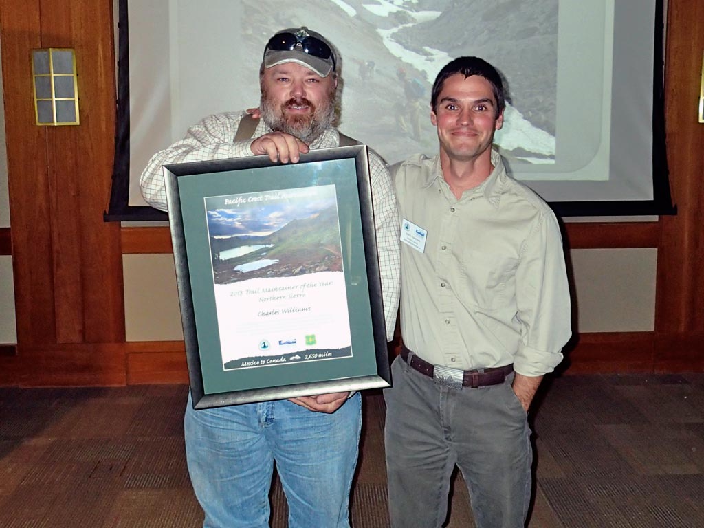 Thank you to Charles Williams for founding Pounder's Promise and for his commitment to the trail. Last year, Charles logged out more than 550 trees from the PCT! He's standing with our Northern Sierra Regional Representative, Justin Kooyman.