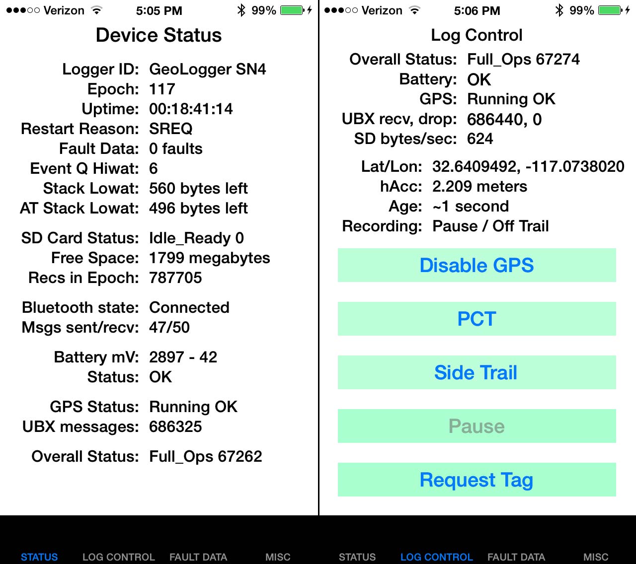 Screen caps for the iPhone application that runs the logger.