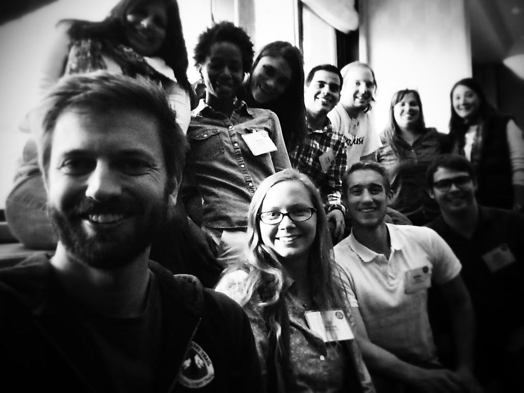 Teresa Martinez, managing director of the Continental Divide Trail Coalition (top left) and Jack Haskel, PCTA trail information specialist (bottom left) take a selfie with the young professionals from the 2014 Trail Apprentice program. We were talking about injecting youthful perspective into trail management.