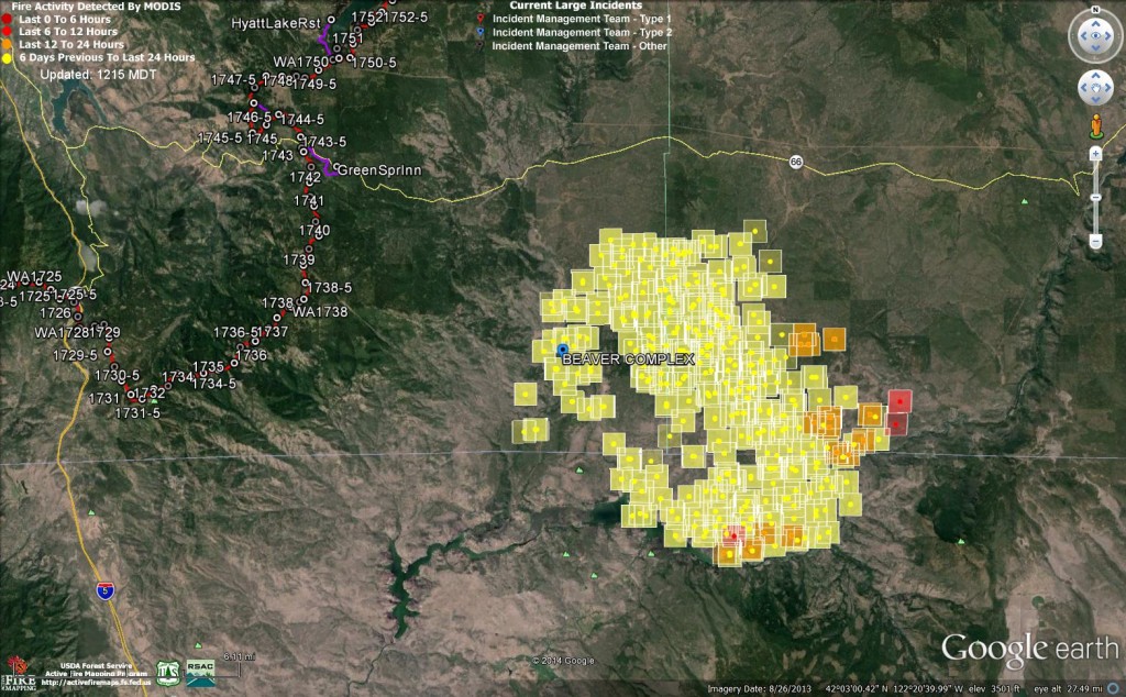 MODIS fire layer of Oregon Gulch Fire taken at 11:31 am on 8/4/14