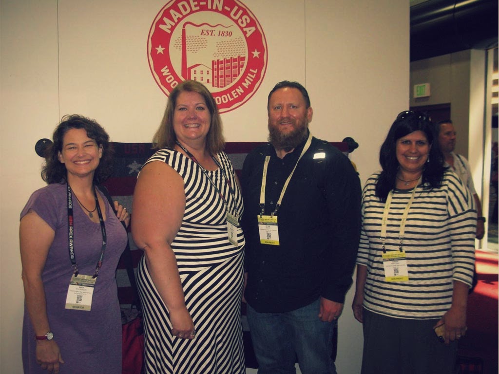Angie Williamson (PCTA), Leah Dole (Woolrich), Peter Sustr (Woolrich), Teresa Martinez (CDTC) posing after a chat about trails and really nice wool.