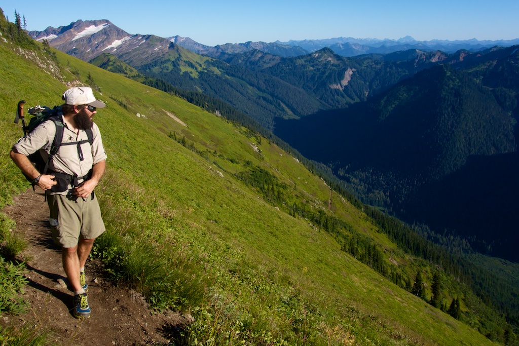 Thru-hiker Josh VanMeerveld reflects on the rugged alpine landscape. Washington State
