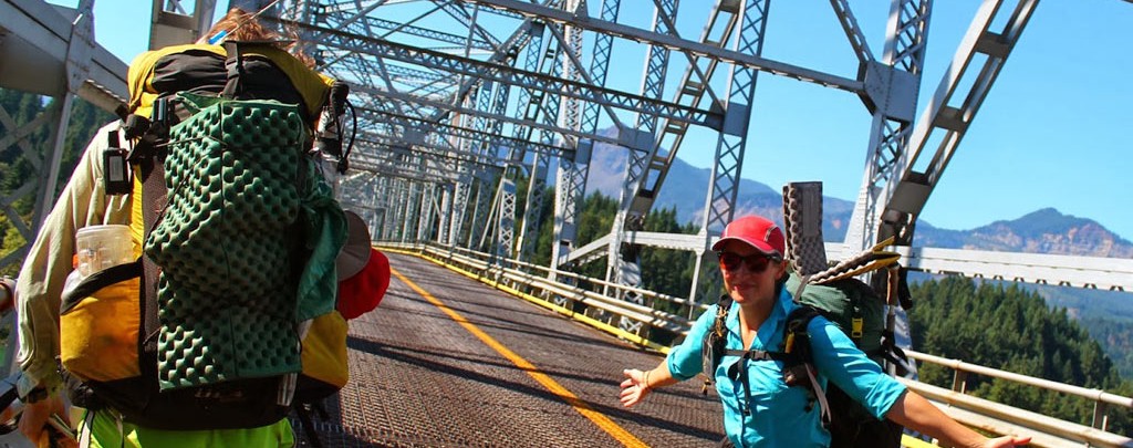 Thyra Bessette, PCTA's oh-so-wonderful Instagram lead, on the Bridge of the Gods during her PCT thru-hike.