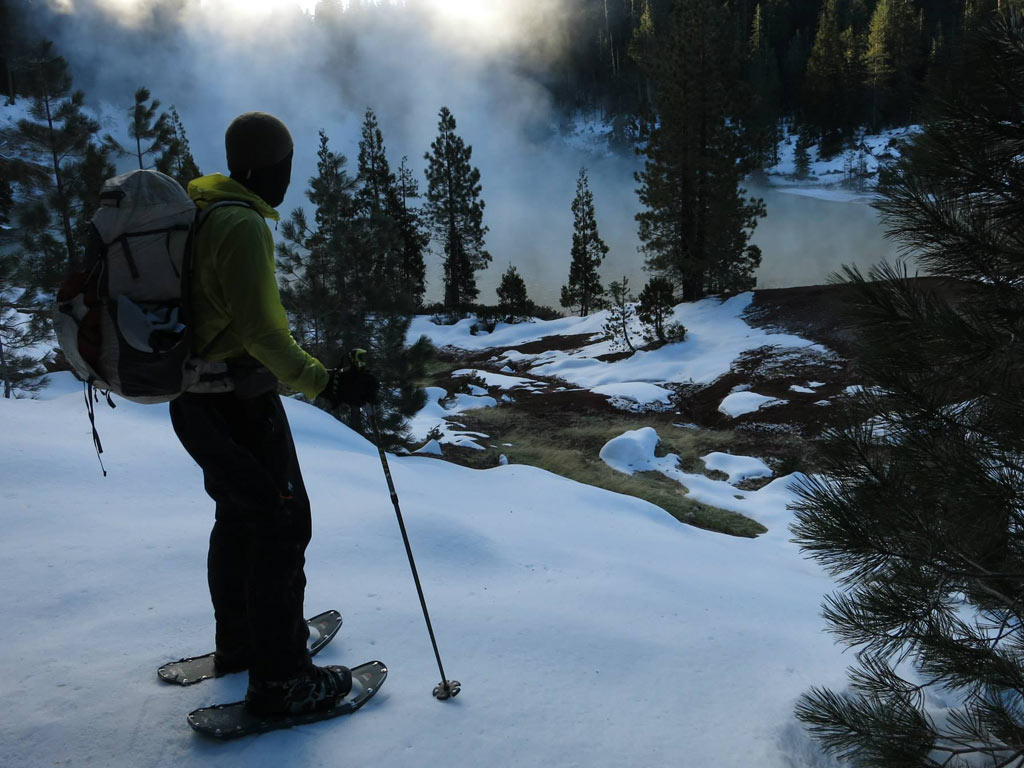 At a boiling pool in Lassen National Park. Winter thru-hike of the PCT. Shawn Forry and Justin Lichter.