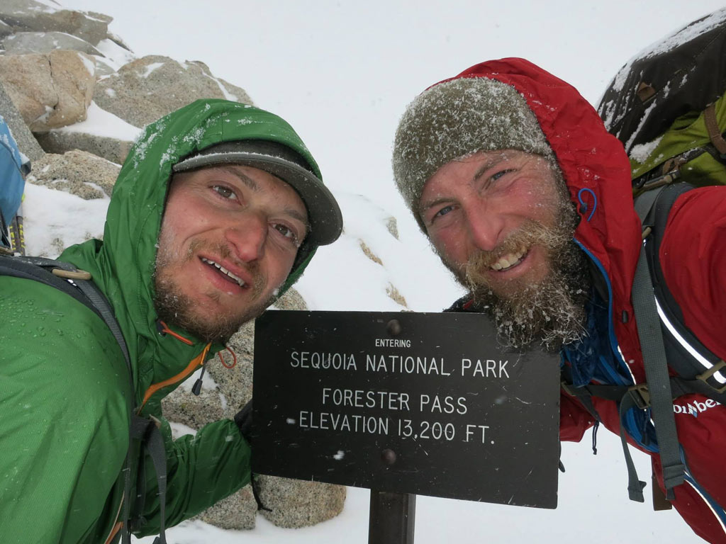 Justin "Trauma" Lichter and Shawn "Pepper" Forry on Forester Pass, the highest point of the Pacific Crest Trail during their 2015 winter thru-hike.