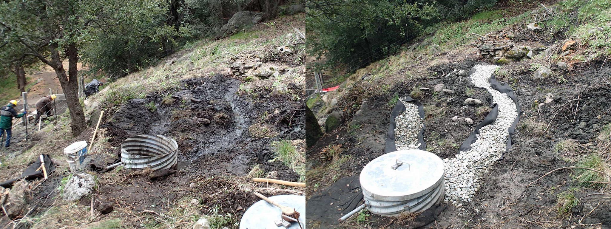 They dug new channels into the spring box and lined them with fabric and rock to help increase the flow and make it a bit cleaner.