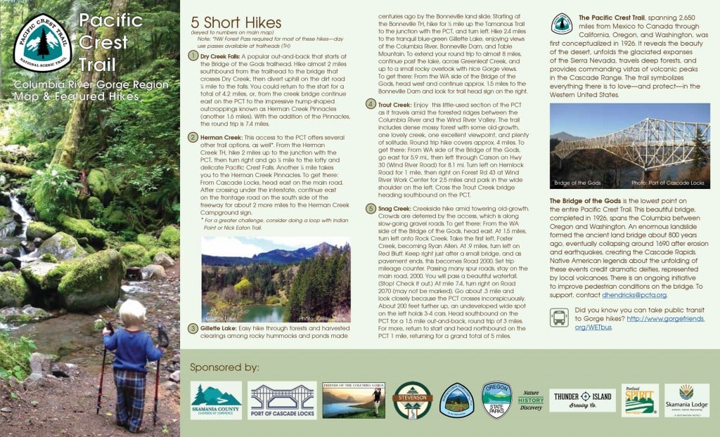 Download the back side of this free map of the Pacific Crest Trail in the Columbia River Gorge. Click here for a high resolution .jpg and here for a high resolution PDF.