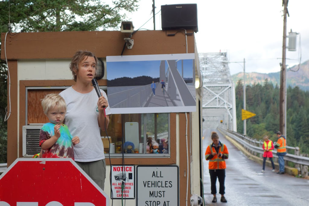 Saturday morning started with Bridge Walk. Here, Dana Hendricks (PCTA's Columbia Cascades Regional Representative) and her son Gus, great the crowd of hundreds on the Birdge of the Gods.