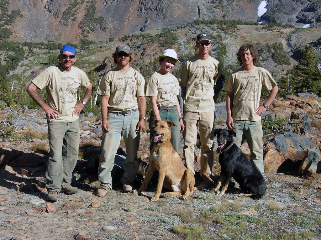 Crew from L-R: John Glenn, Zach Gray, Dolly Chapman, Shannon Hoyt (Dolly’s husband), Tyler Hill, Dolly and Shannon’s dogs, Cody and Shackleton. Crew is on a PCT feeder trail in Hoover Wilderness.