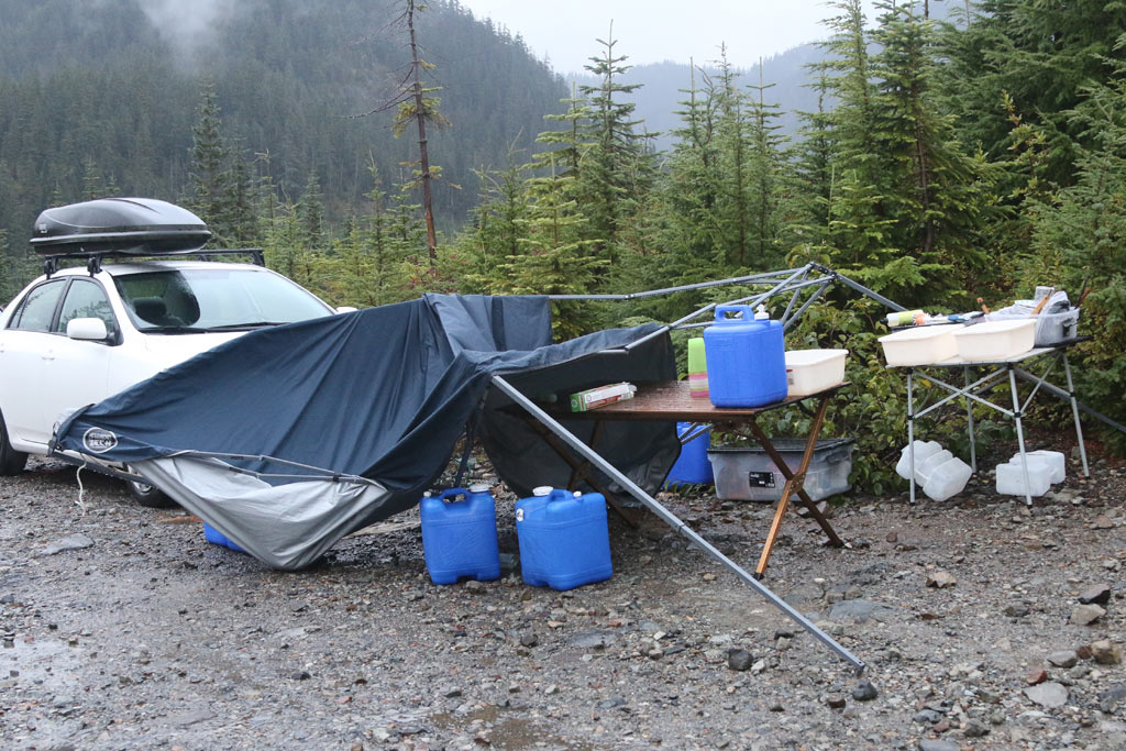 When rainwater fills a pop-up cover, it will come crashing down.