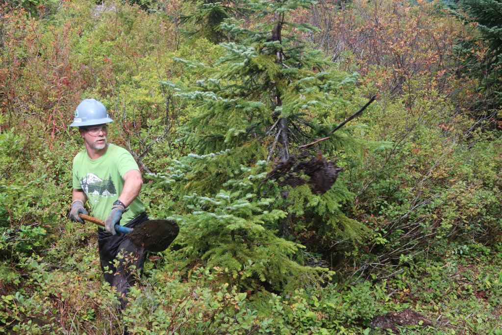 Volunteer crew leader Barry Teschlog shovels mud from a buried collection basin.