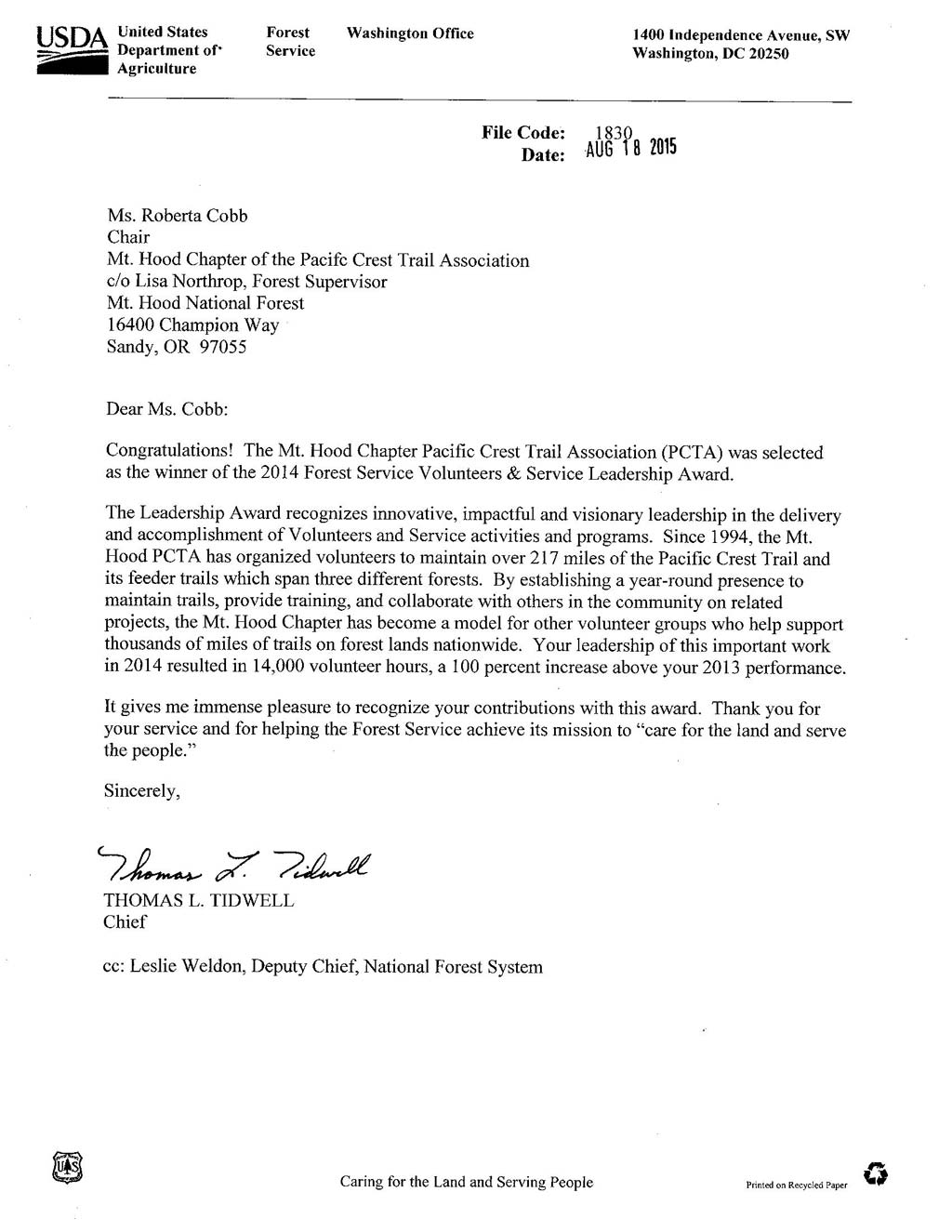 Read the U.S. Forest Service Volunteers & Service Leadership Award letter from Thomas Tidwell, chief of the Forest Service.