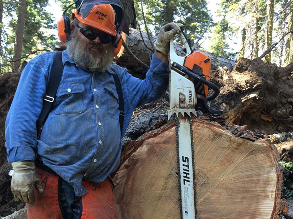 Charles "Pounder" Williams with one of the many, many trees that he's cleared off of the PCT.