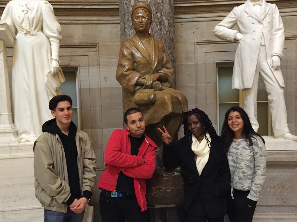 PCT hiker "Special Agent" gave the students a behind the scenes tour of the Capitol. Here they are with the Rosa Parks statue.