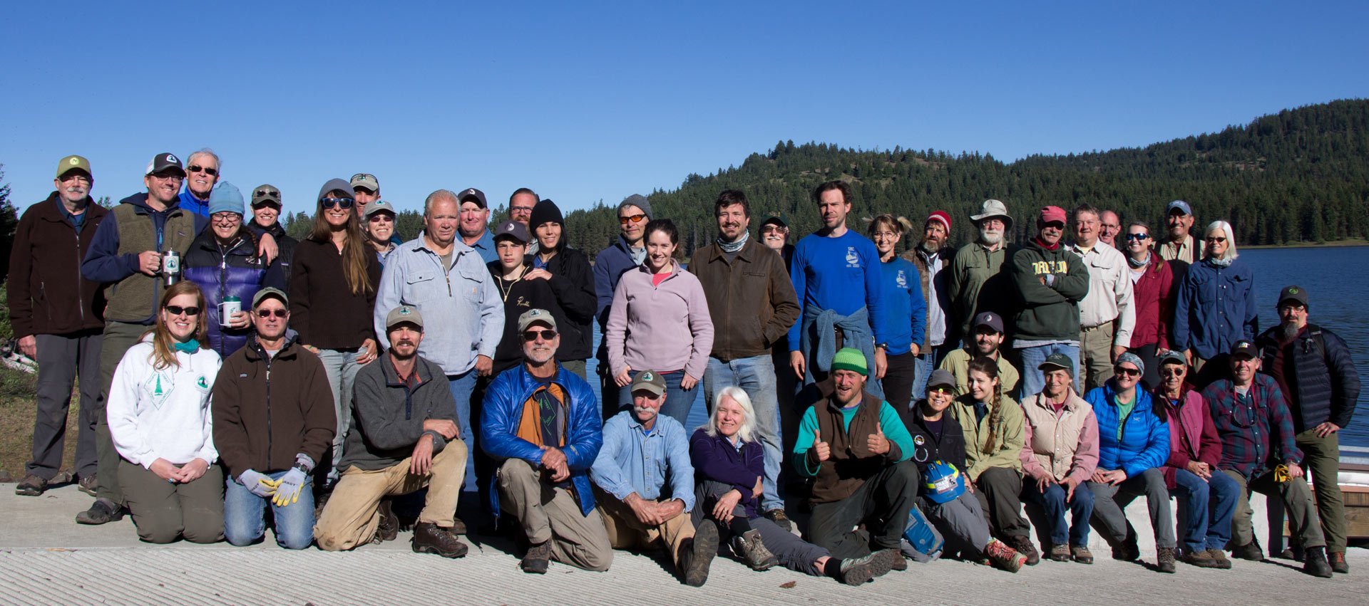 45 volunteers gathered on the shores of Hyatt Lake for the Big Bend Trail Skills College near Ashland, Oregon. Photo by Joe Smith.