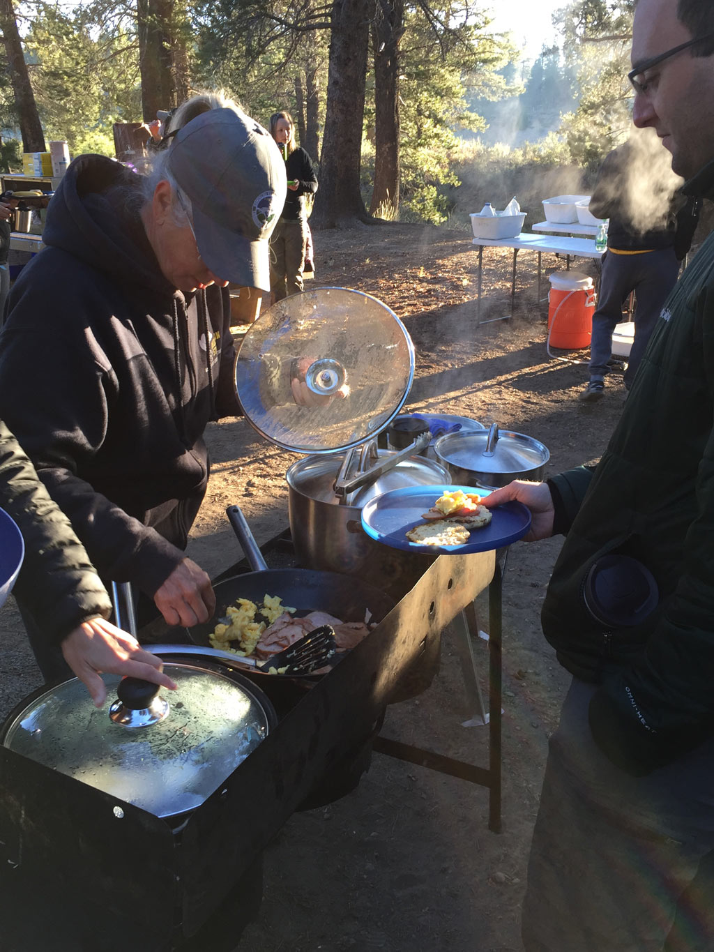A good camp cooking breakfast gets us started.