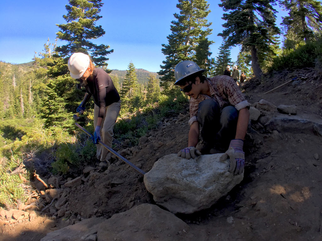 Jacqui Ogle and Sabi Rivera working on the new section of PCT that's being built in the Sierra Buttes.