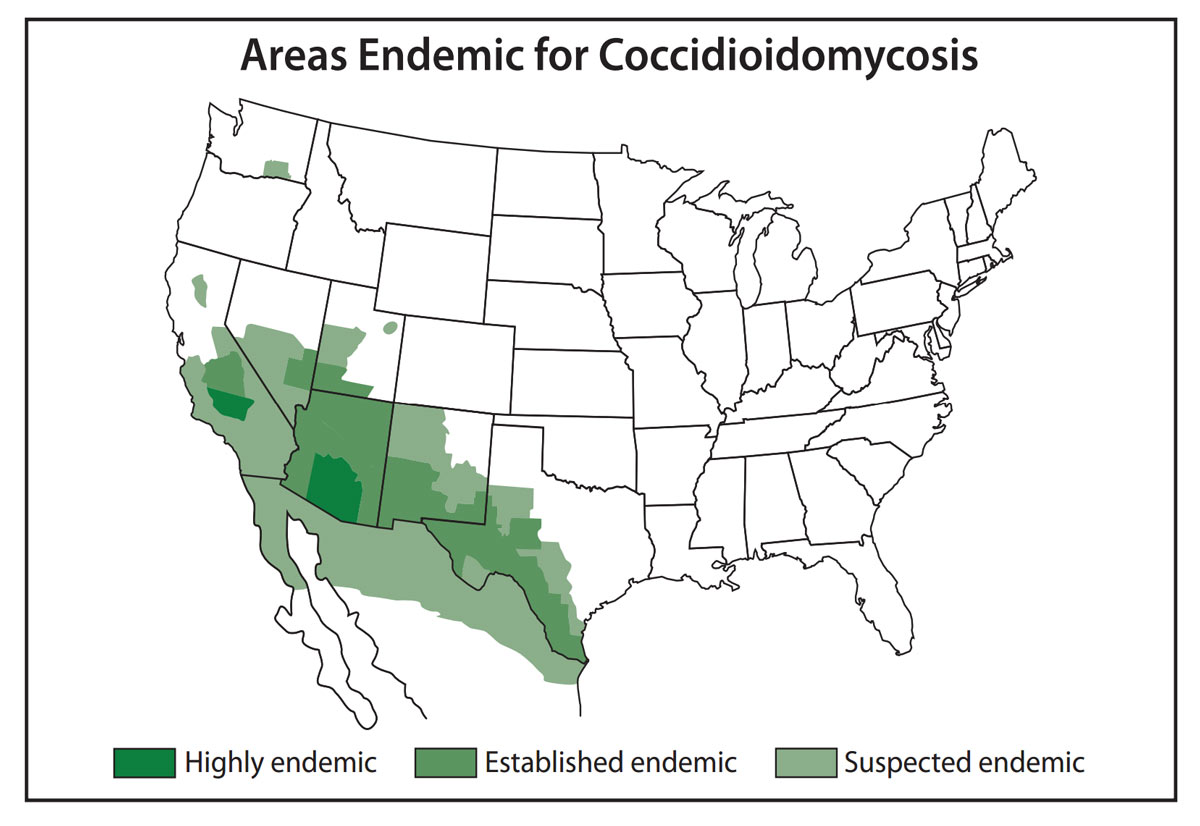 Map of the approximate areas (“endemic areas”) where Coccidioides/Valley fever is known to live or is suspected to live in the United States and Mexico. Source: cdc.gov/fungal accessed on 12/23/16