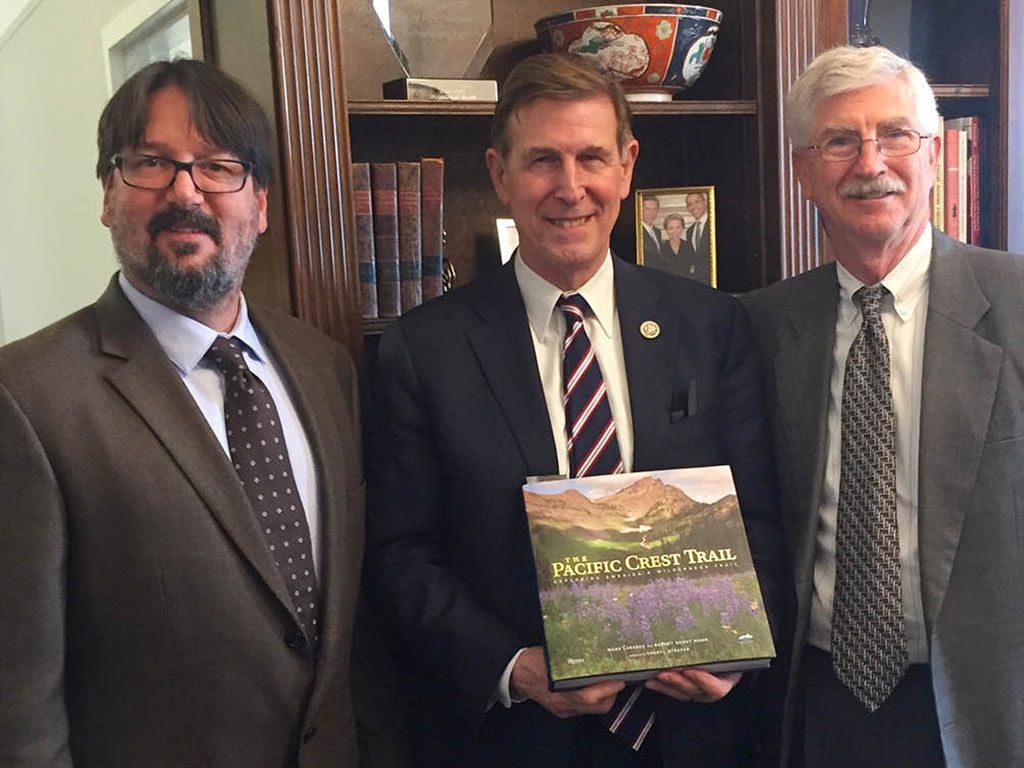 Mark Larabee (left) and Barney Scout Mann (Right), authors of The Pacific Crest Trail, met with Rep.Don Beyer of Virgina, a big fan of the PCT.