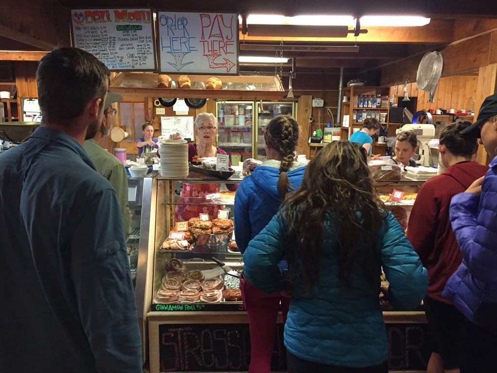 Southbound PCT thru-hikers at the famous Stehekin Pastry Company.