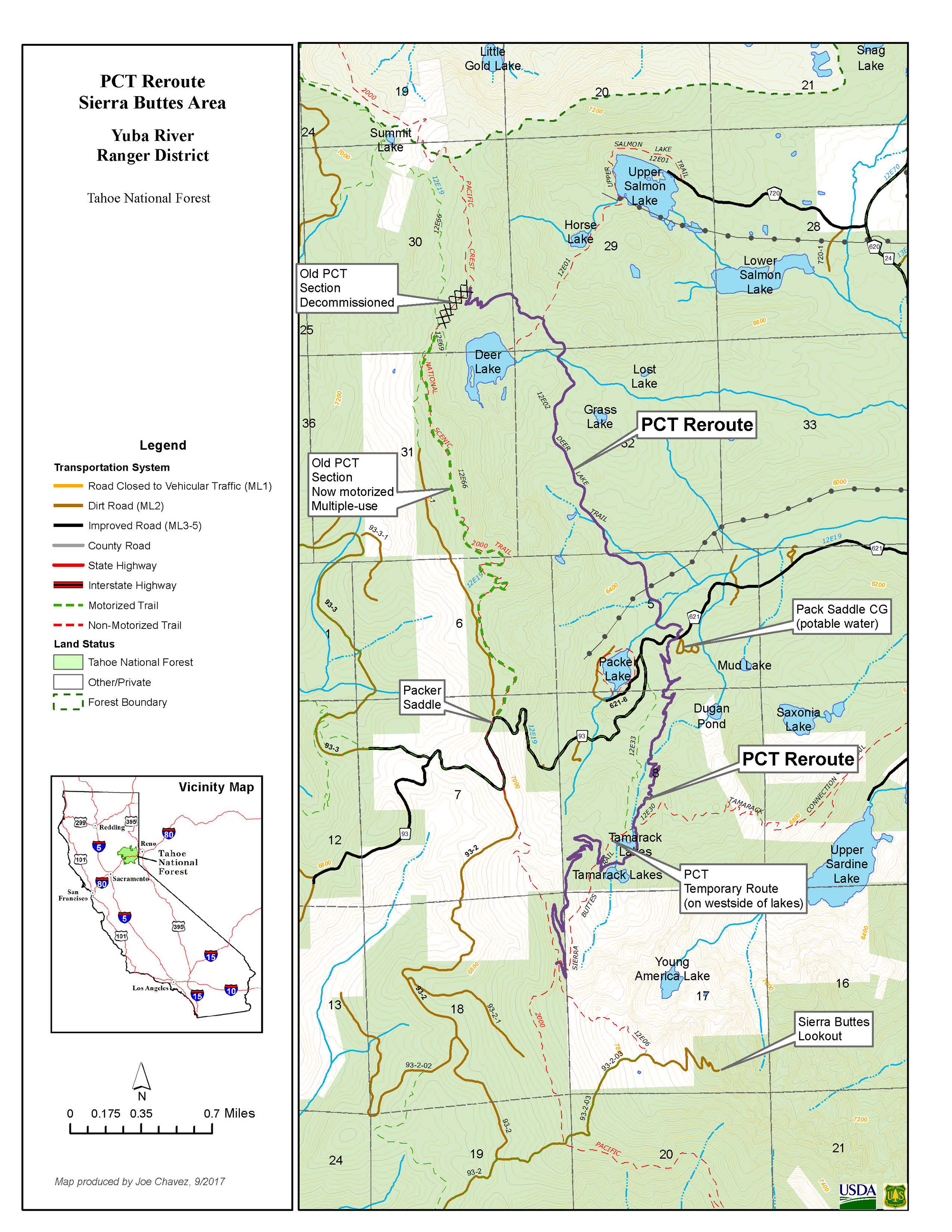 Map of the Pacific Crest Trail in the Sierra Buttes. 2017